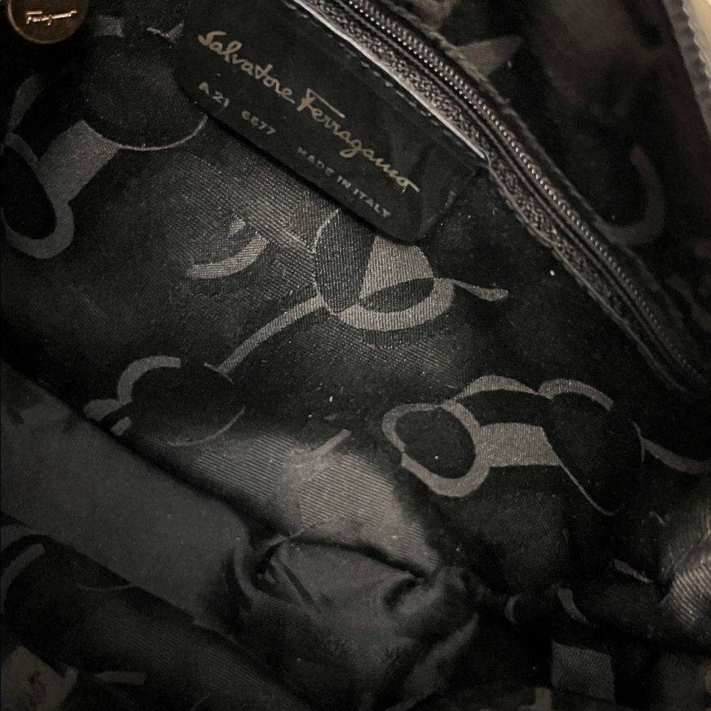 Salvatore Ferragamo Black Croc-Embossed Leather Crossbody with Gold Vara Buckle - Picture 10 of 13
